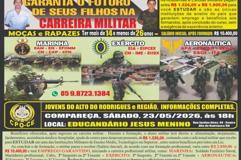 Oportunidade na Carreira Militar: Alto do Rodrigues Recebe Palestra do CPO-CE neste Sábado
